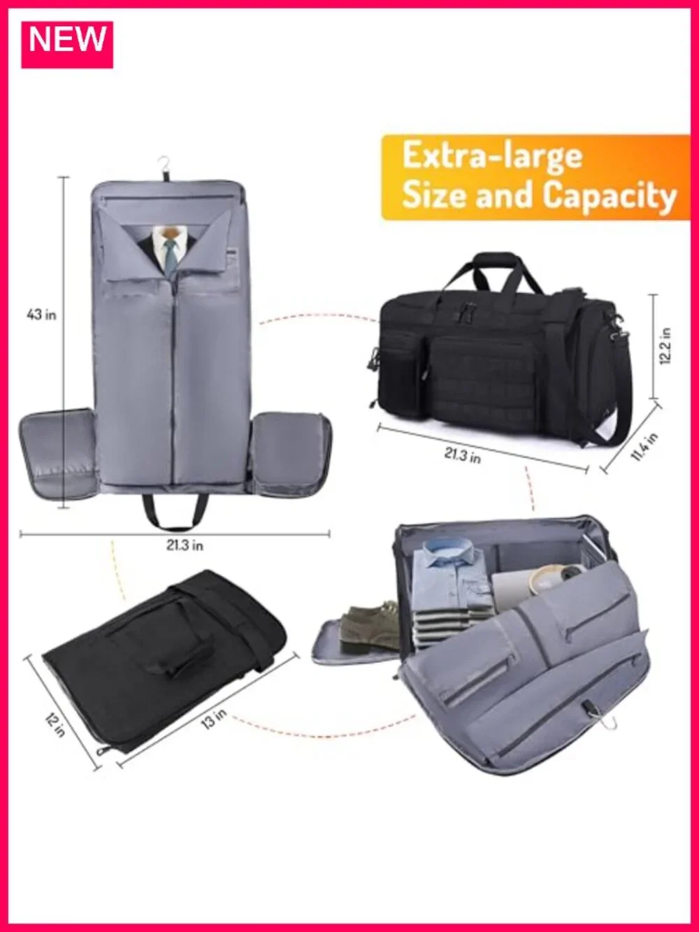 2 in 1 Garment Duffle Bag Carry On Travel Suit Bag with Shoe Compartment